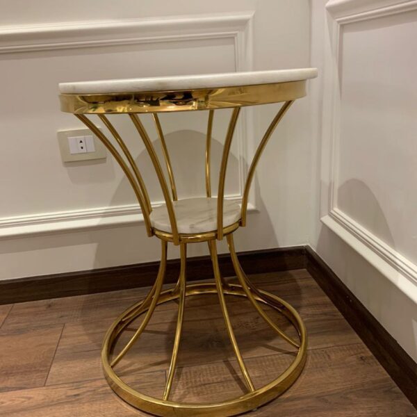 تربيزه جانبية استانلس 304 مختوم بالرخام الطبيعي الأبيض كراره التركي – قطر 45 سم، ارتفاع 55 سم