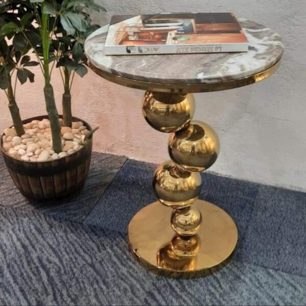 تربيزه جانبية استانلس 201 بالرخام الطبيعي البرتغالي – قطر 45 سم، ارتفاع 55 سم