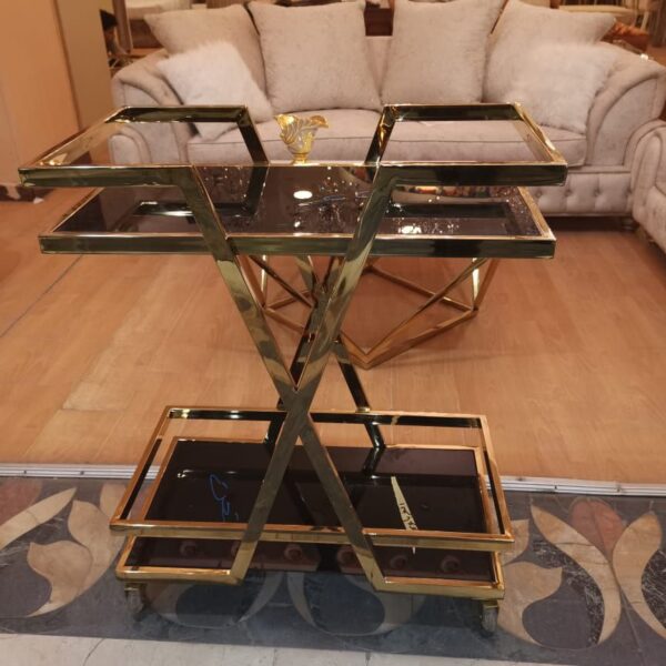 ترولي شاي استانلس 201 بزجاج فاميه 6 ملم وعجل ألماني – مقاس 70×35×85 سم