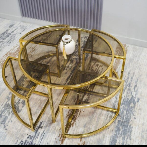 تربيزاة سنتر استانلس 304 مختوم . 5 قطع مقاس قطر 80 سم ارتفاع 45 بالزجاج فاميه 6ملى