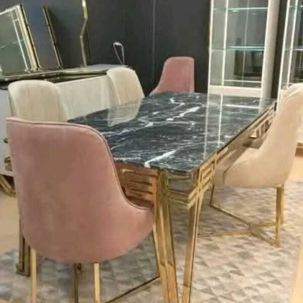 طاولة سفرة استانلس 201 بالرخام الطبيعي الأسود الإسباني مع 6 كراسي – مقاس 200×100 سم