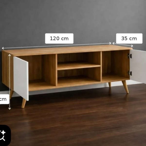 ترابيزة شاشة ملامين إسباني أبيض وخشبي بدرفتين ورفين - 120×35×50 سم