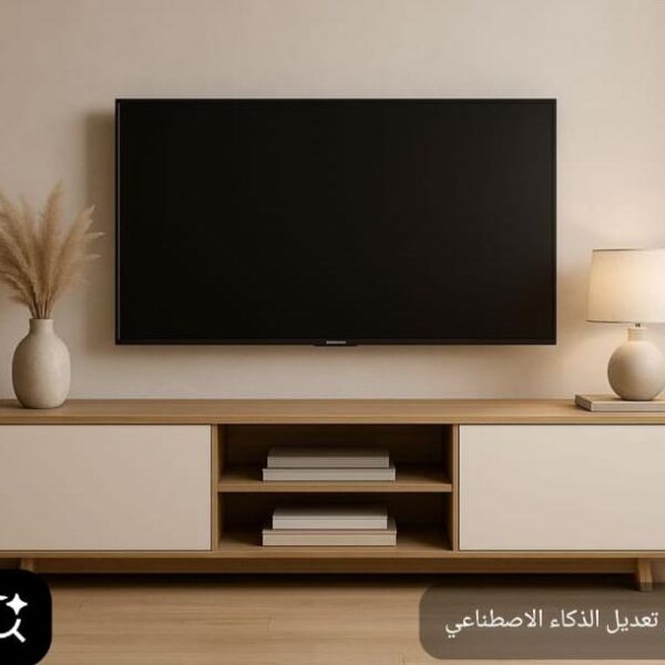 ترابيزة شاشة ملامين إسباني أبيض وخشبي بدرفتين ورفين مفتوحين - 180×40×50 سم